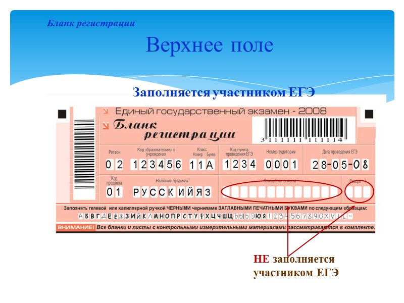 Верхнее поле Заполняется участником ЕГЭ НЕ заполняется участником ЕГЭ Бланк регистрации